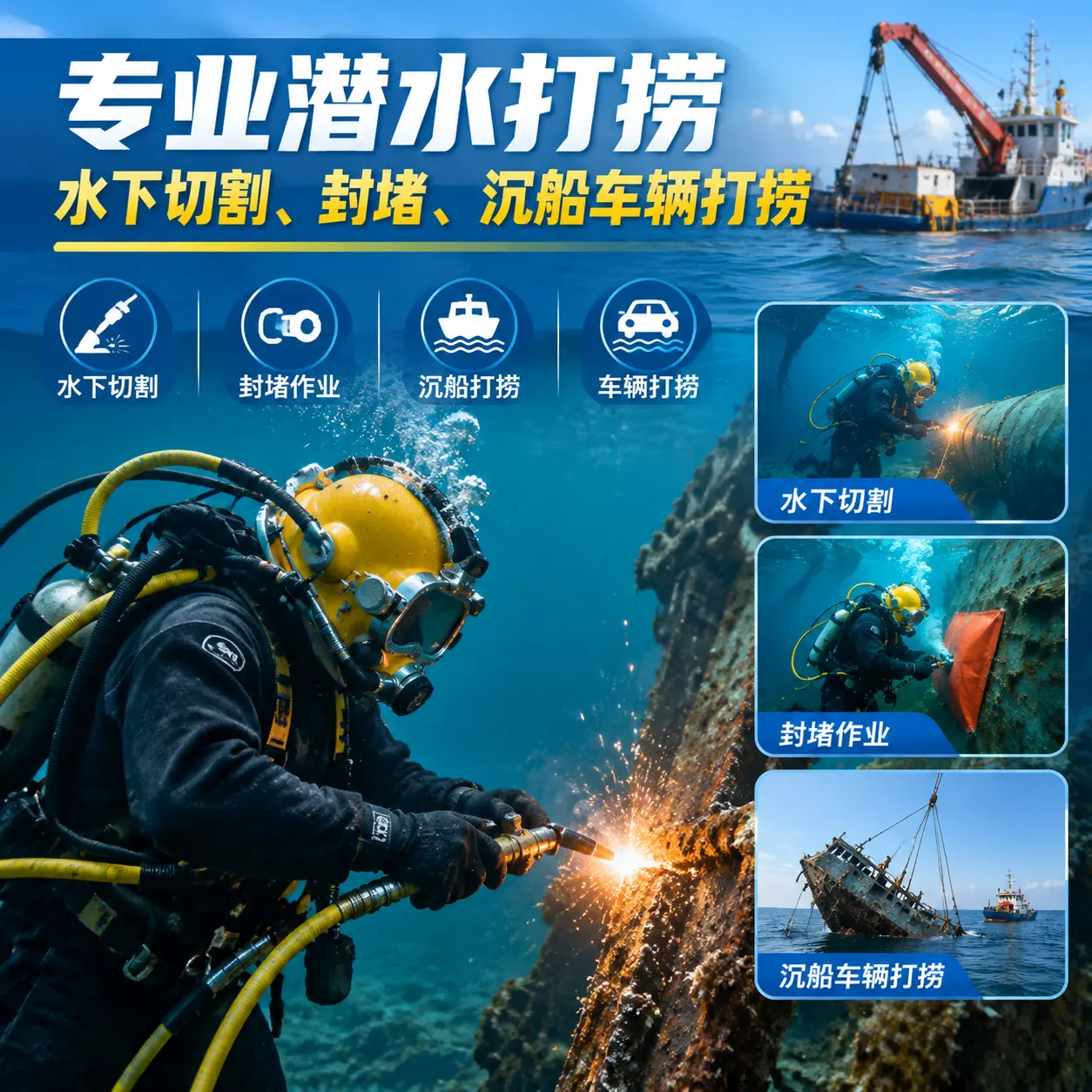 专业潜水打捞｜水下切割、封堵、沉船车辆打捞鸡泽